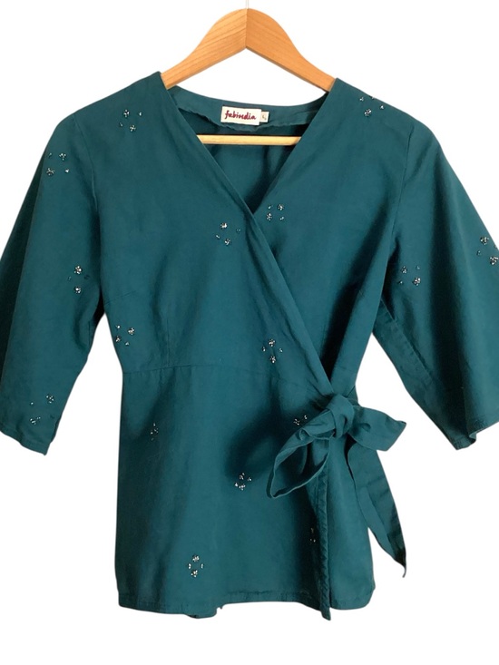 fabindia Tops - Fabindia Teal Cotton Linen Wrap Top Beaded Floral Embellished Boho Large
